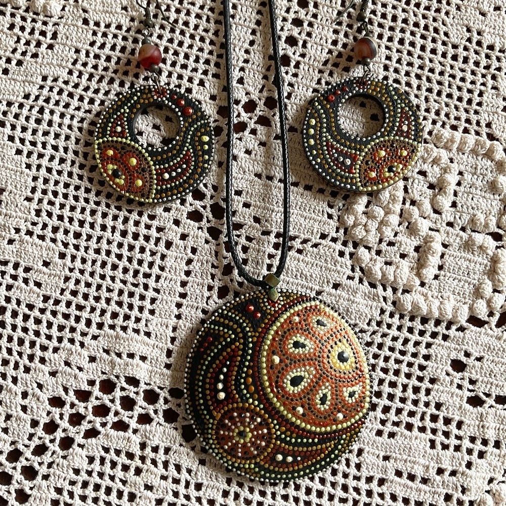 NWOT Wood Hand Painted Leather Black Cord Necklace/Earrings set